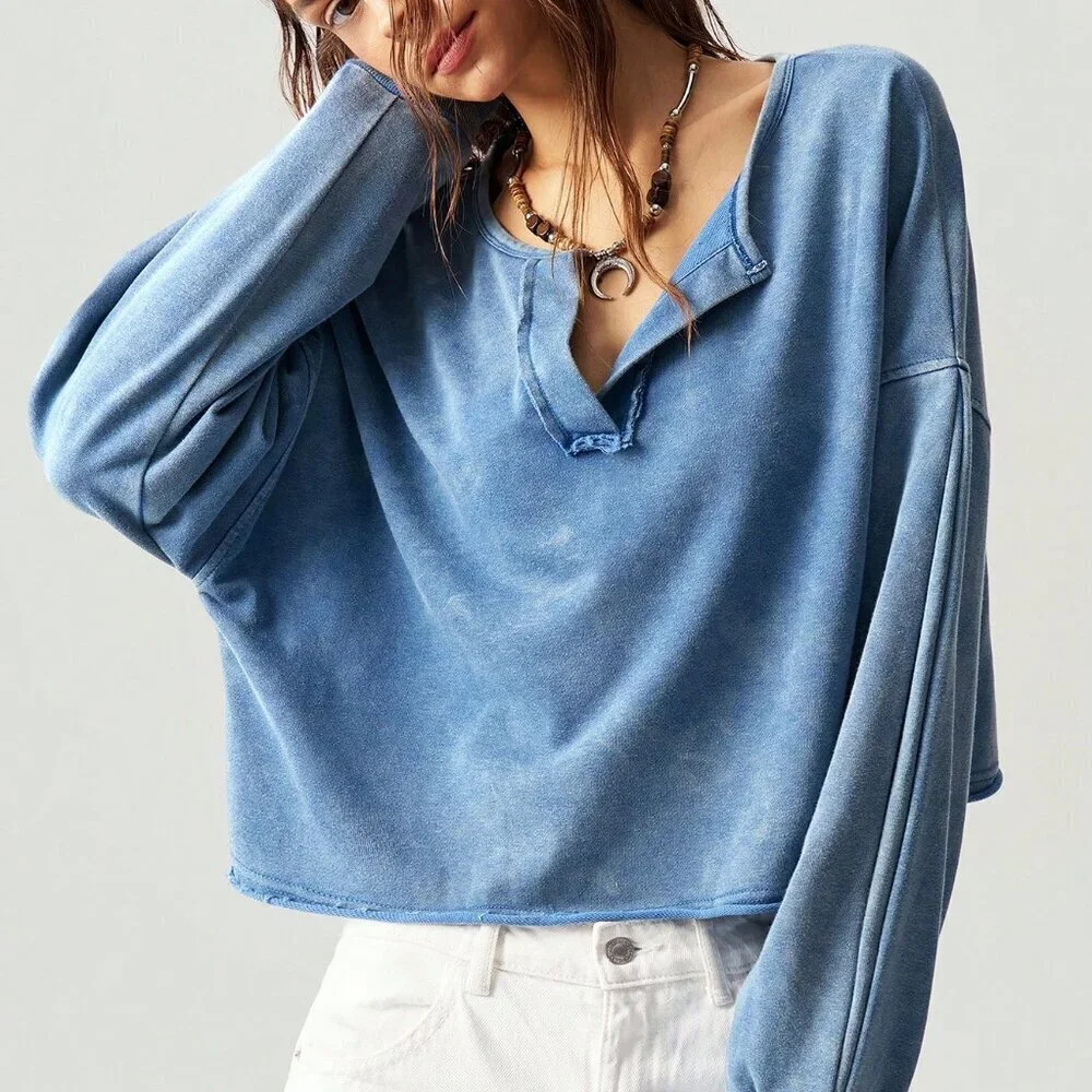 Blue Casual Women's V-Neck  Long Sleeve Loose Pullover Sweatshirt